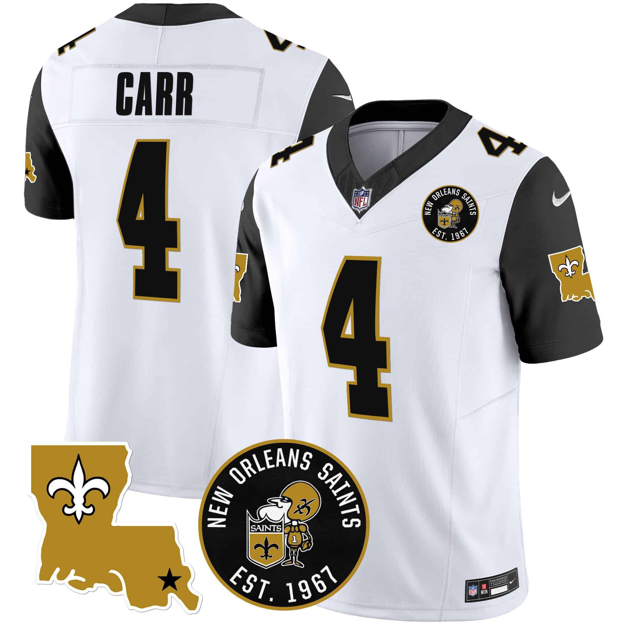 Men New Orleans Saints #4 Carr White 2024 Nike 1967 Patch Vapor Limited NFL Jersey style 2